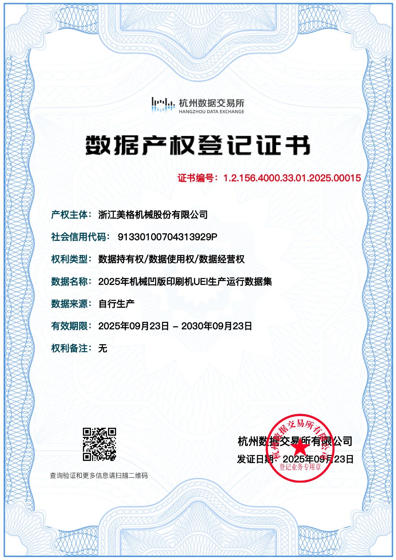 祝賀美格機(jī)械成功獲得“數(shù)據(jù)產(chǎn)權(quán)登記三證合一證書”
